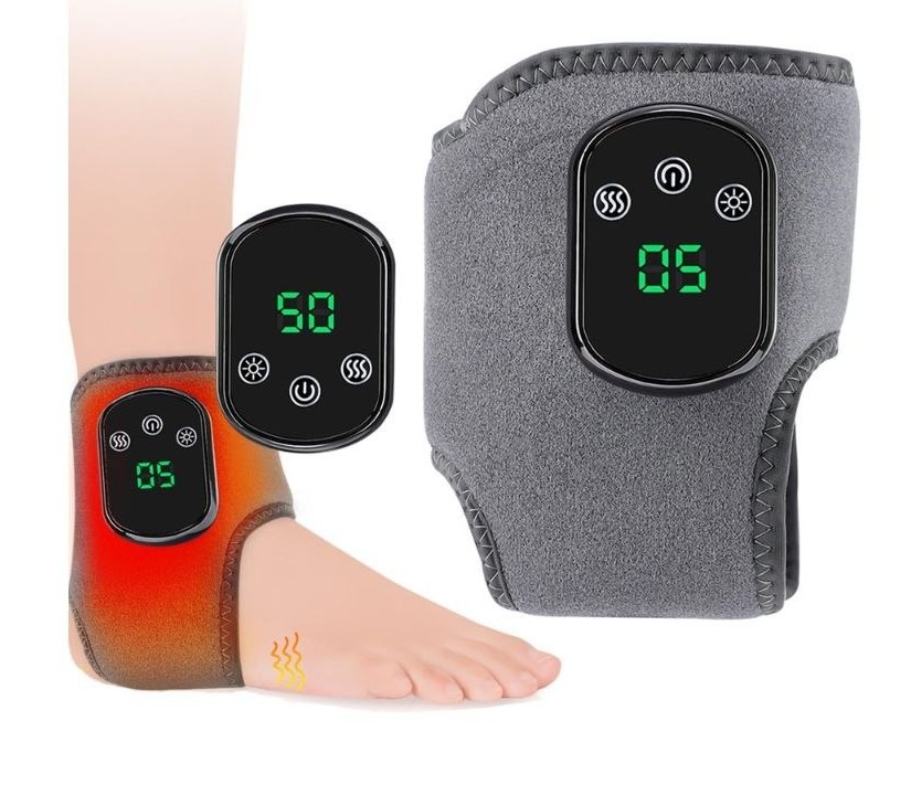 EMSense Massager triple-therapy foot and ankle wrap being worn for heat, vibration, and compression relief